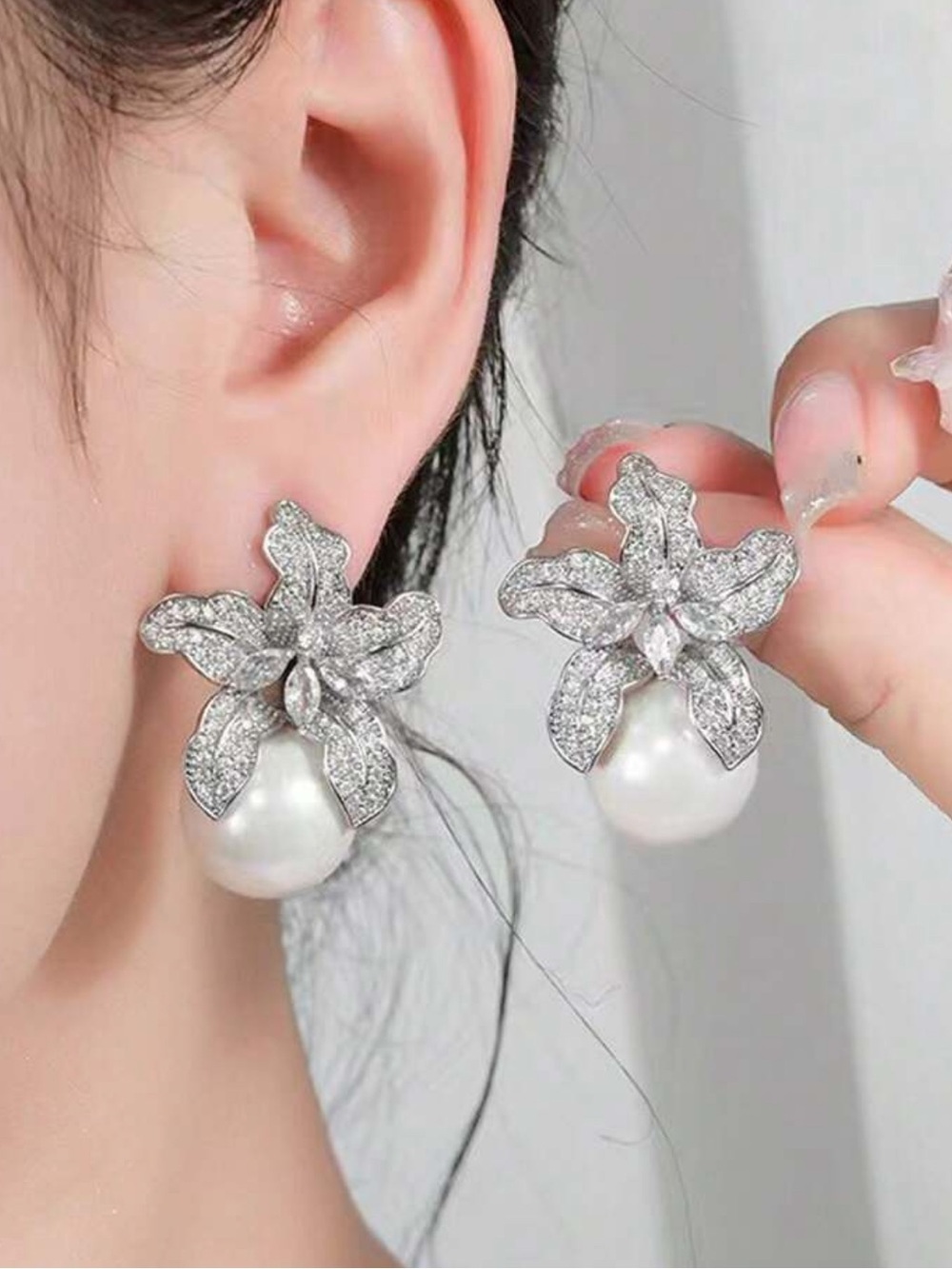 Silver Crystal Flower Earrings with White Pearl Drops
